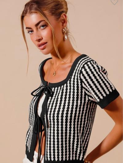 Black/White Textured Striped Tie Front Cardi