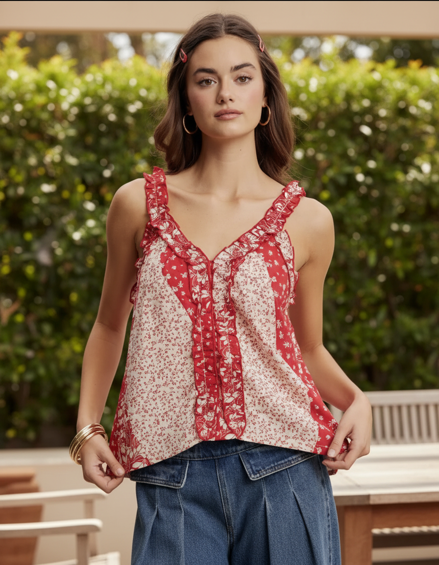 Ruffle Trim Patchwork Tank 