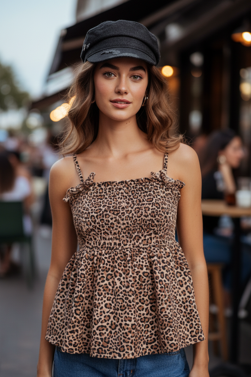 Leopard Print Tie Strap Peplum Top 