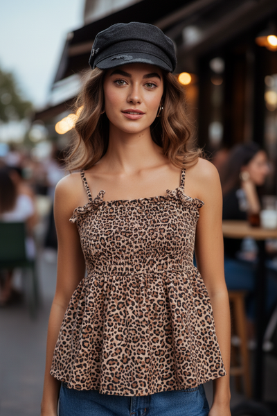 Leopard Print Tie Strap Peplum Top