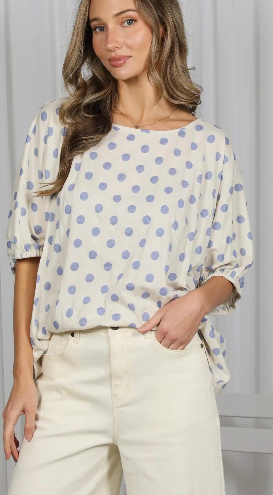 Polka Dot Top in Cream and Blue