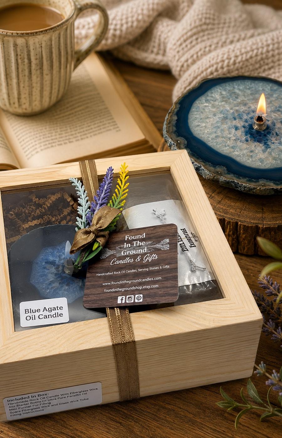 Blue Agate Oil Candle Gift Box – Natural Stone Oil Candle Gift Set with Lamp Oil, Refillable Rock Candle, Handmade Gift, Free Shipping
