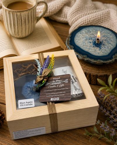Blue Agate Oil Candle Gift Box – Natural Stone Oil Candle Gift Set with Lamp Oil, Refillable Rock Candle, Handmade Gift, Free Shipping