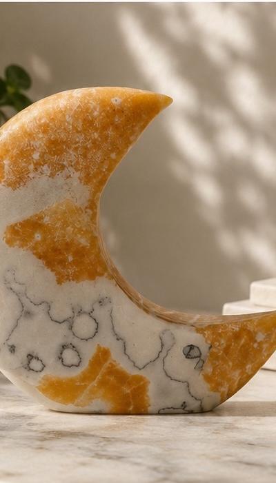 Mexican Banded Onyx Crescent Moon Sculpture – 6” Natural Stone Moon Decor – Hand Carved Onyx Crystal Display – Free Shipping