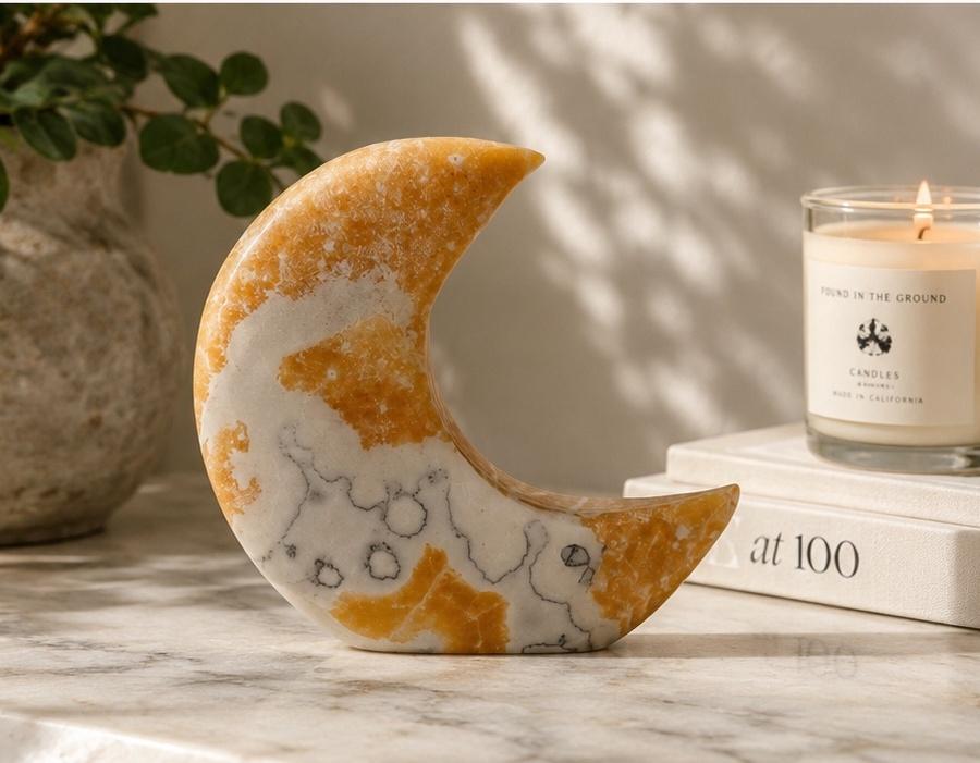 Mexican Banded Onyx Crescent Moon Sculpture – 6” Natural Stone Moon Decor – Hand Carved Onyx Crystal Display – Free Shipping