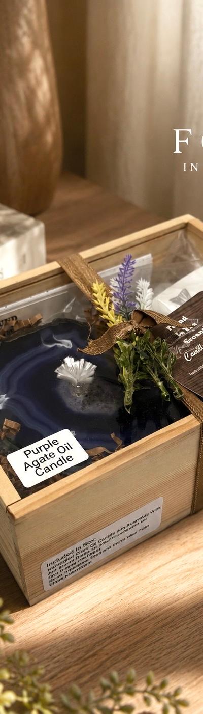 Purple Agate Oil Candle Gift Box – Natural Stone Oil Candle Gift Set with Lamp Oil, Refillable Rock Candle, Handmade Gift, Free Shipping