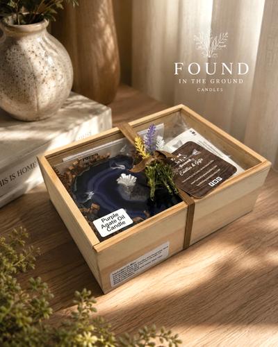 Purple Agate Oil Candle Gift Box – Natural Stone Oil Candle Gift Set with Lamp Oil, Refillable Rock Candle, Handmade Gift, Free Shipping