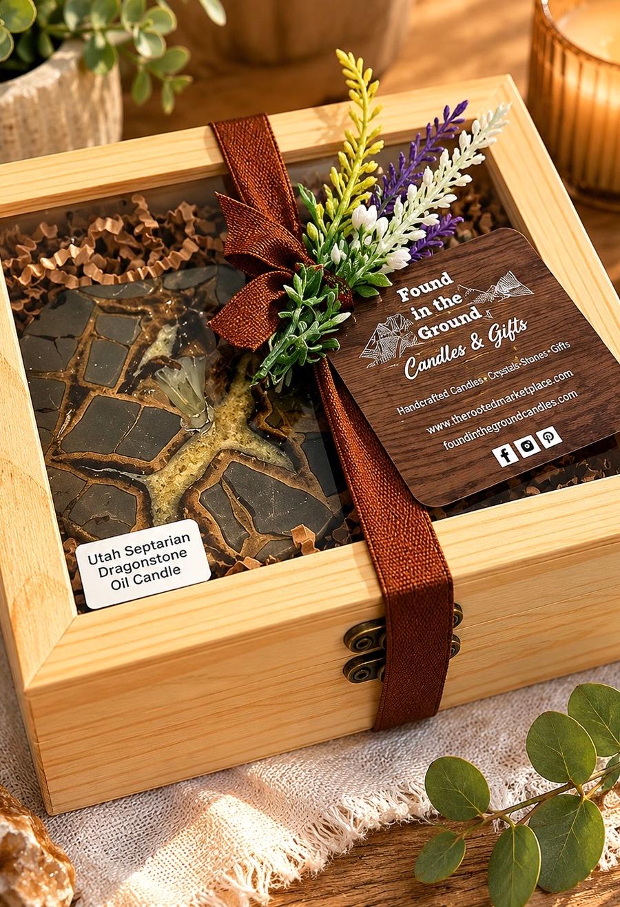Utah Septarian Dragonstone Oil Candle Gift Box – Handmade Stone Oil Lamp Gift Set – Includes Oil, Wick & Wooden Gift Box – Free Shipping