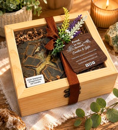 Utah Septarian Dragonstone Oil Candle Gift Box – Handmade Stone Oil Lamp Gift Set – Includes Oil, Wick & Wooden Gift Box – Free Shipping
