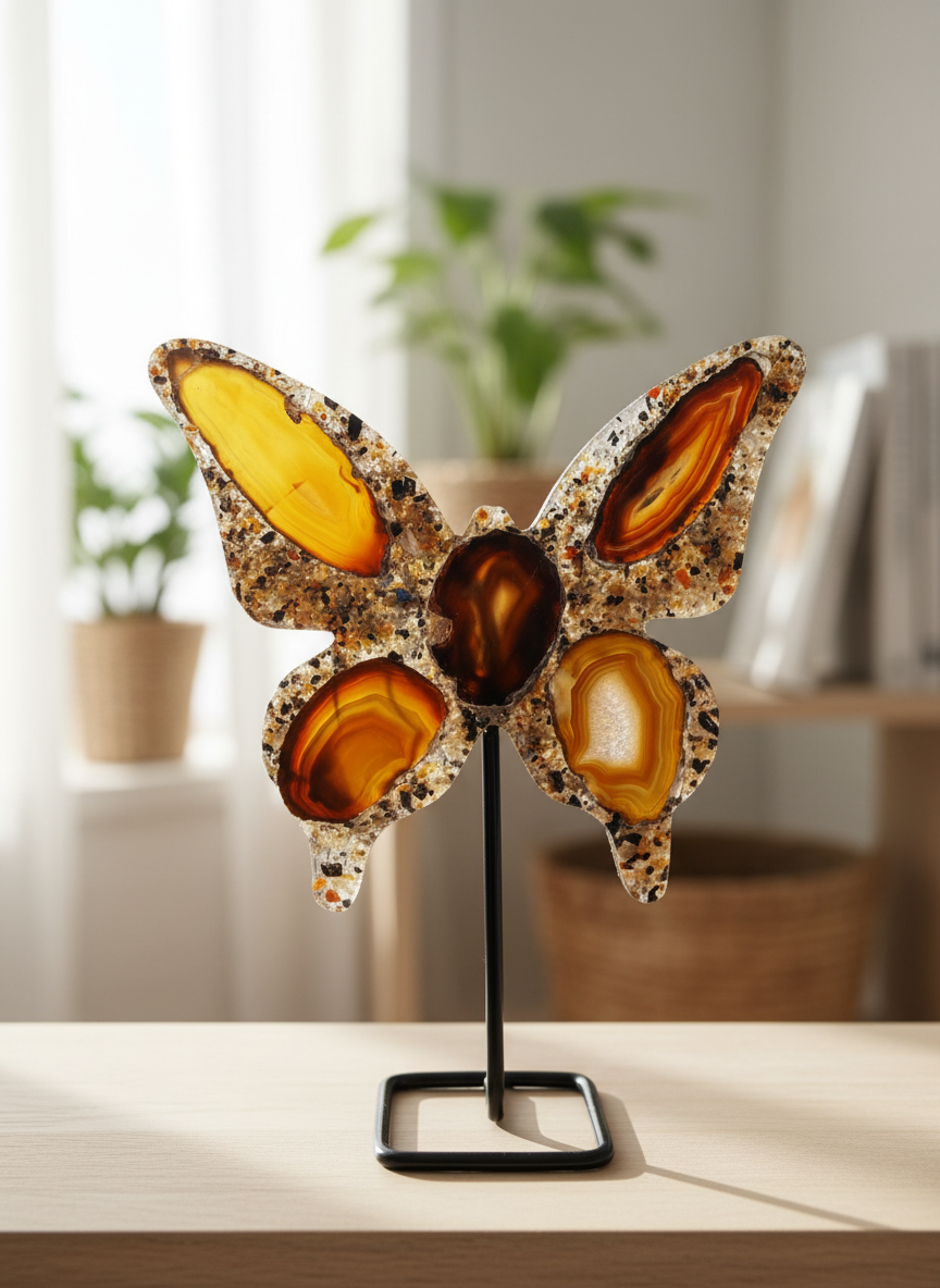 Brown Agate Butterfly Sculpture on Stand – Natural Stone & Resin Butterfly Décor – Handmade Crystal Display – Free Shipping
