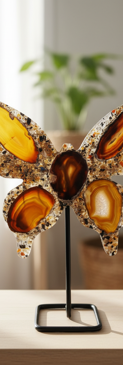Brown Agate Butterfly Sculpture on Stand – Natural Stone & Resin Butterfly Décor – Handmade Crystal Display – Free Shipping