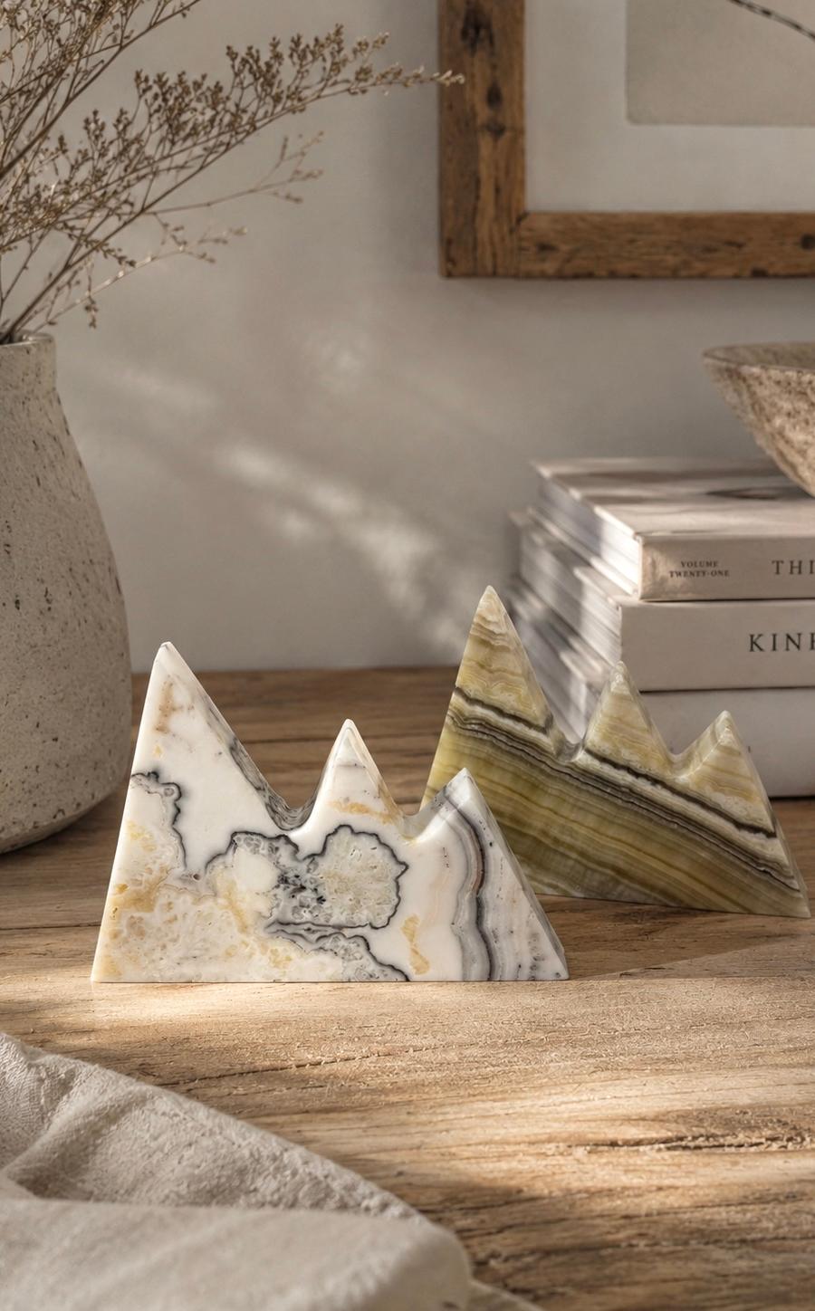 Banded Mexican Onyx Mountain Sculpture  – Natural Stone Mountain Décor – Hand Carved Onyx Peaks – 4” x 5” x 1” – Free Shipping