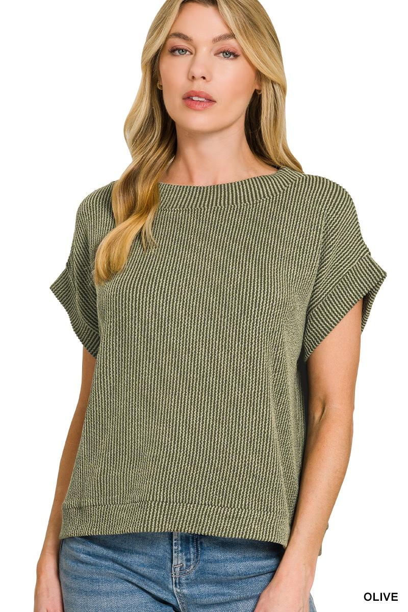 Dark Olive Waffle Knit Cap Sleeve Top
