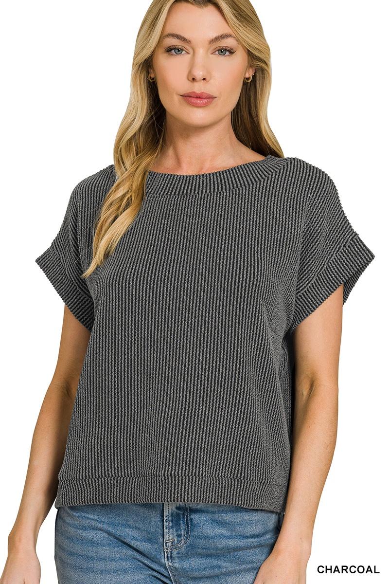 Charcoal Waffle Knit Cap Sleeve Top