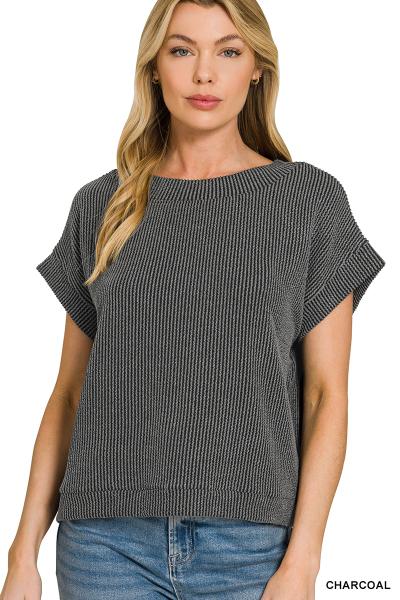 Charcoal Waffle Knit Cap Sleeve Top