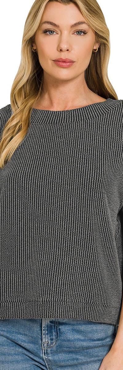 Charcoal Waffle Knit Cap Sleeve Top