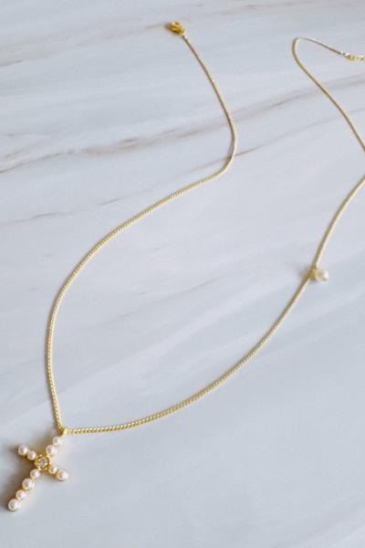 Graceful Radiance Pearl Cross Necklace